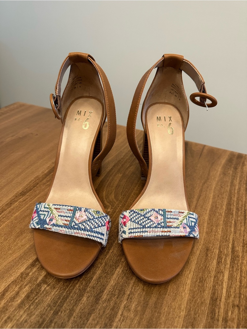 Mix No. 6 Tan Embroidered-Trim Ankle-Strap Heels